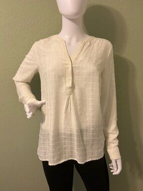 Ann Taylor Cream Textured Long-Sleeve Henley Blouse
